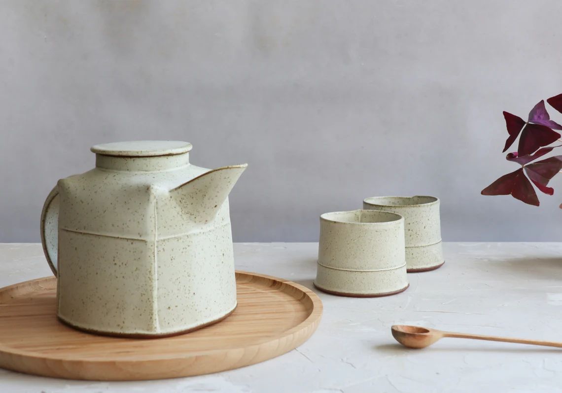White Ceramic Teapot Set, Handmade Stoneware Tea Cups Set, Teapot Set For Tea lovers, Mininmal St... | Etsy (US)