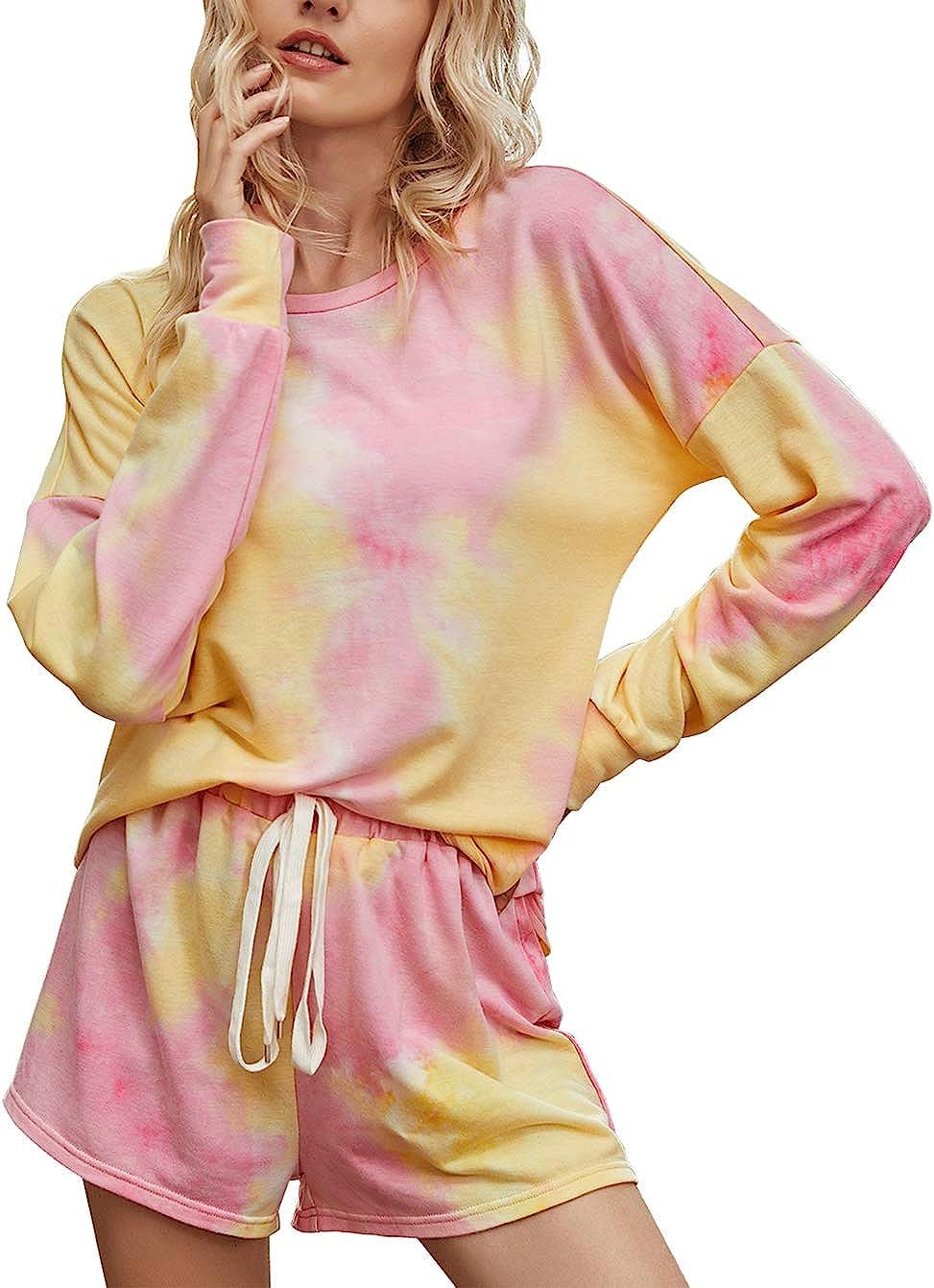 PRETTYGARDEN Women’s Tie Dye Printed Pajamas Set Long Sleeve Tops With Shorts Lounge Set Casual... | Amazon (US)