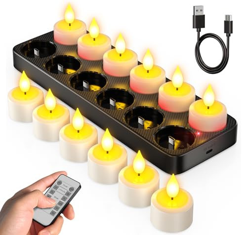 SoulBay Flameless Candles with Remote Control Timer & Charging Base, 12pcs USB Rechargeable Battery LED Tea Lights Candles Small Votive for Lantern Pool Mantle Weddings Emergency Christmas Decorative | Amazon (US)