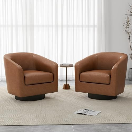 UIXE PU Leather Swivel Barrel Club Chairs Set of 2, Modern Arm Accent Chair Mid-Century Upholstered Round Armchair Single Sofa Seating Side Reading Seat for Living Room, Office, Bedroom (Brown) | Amazon (US)