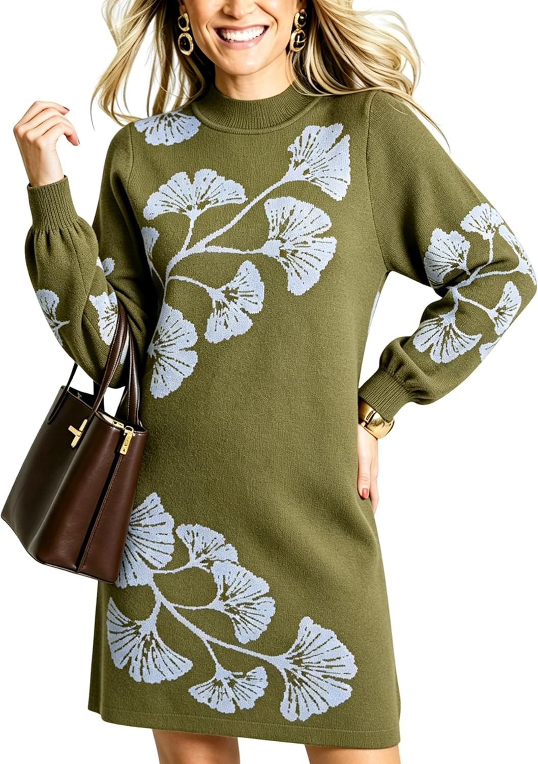 Lentta Womens Floral Knit Mini Dress Long Sleeve Sweater Dress | Amazon (US)