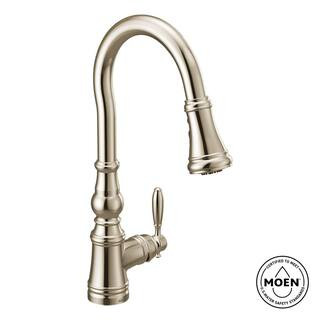 MOEN Weymouth Polished Nickel 16.73 in. H Pull Down Sprayer Kitchen Faucet with 360 Degree Spout ... | The Home Depot
