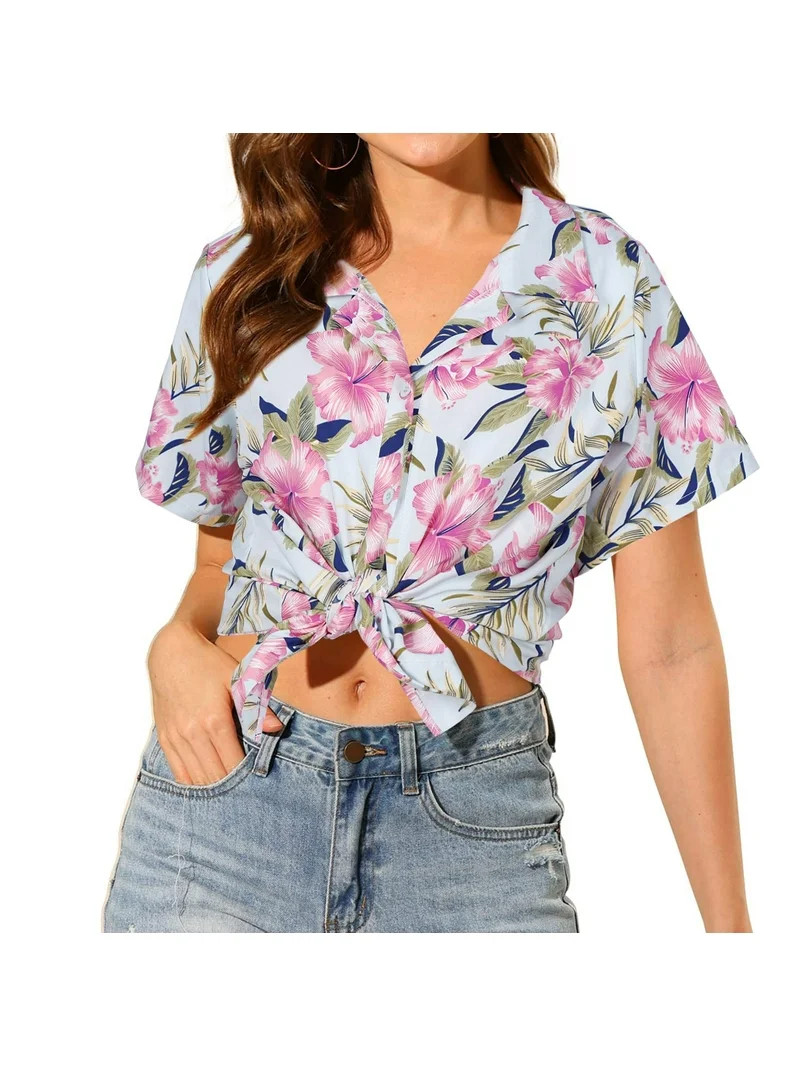 VILOVE Women Hawaiian Shirts Tropical Floral Printed Lapel Neck Button Down Short Sleeve Summer C... | Walmart (US)