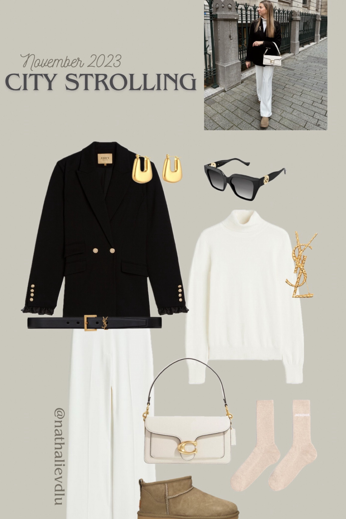 Strolling the city 🤍 | 
Chic outfit, Josh V, Josh V blazer, blazer outfit, black blazer, wide leg pantalon, wide leg trousers, white trousers, Mango trousers, UGG’s antilope, UGG’s ultra mini, Coach bag, Coach Tabby 26, YSL brooch, brooch, turtleneck, autumn outfits, chic fashion, neutral style

#LTKstyletip #LTKeurope #LTKSeasonal