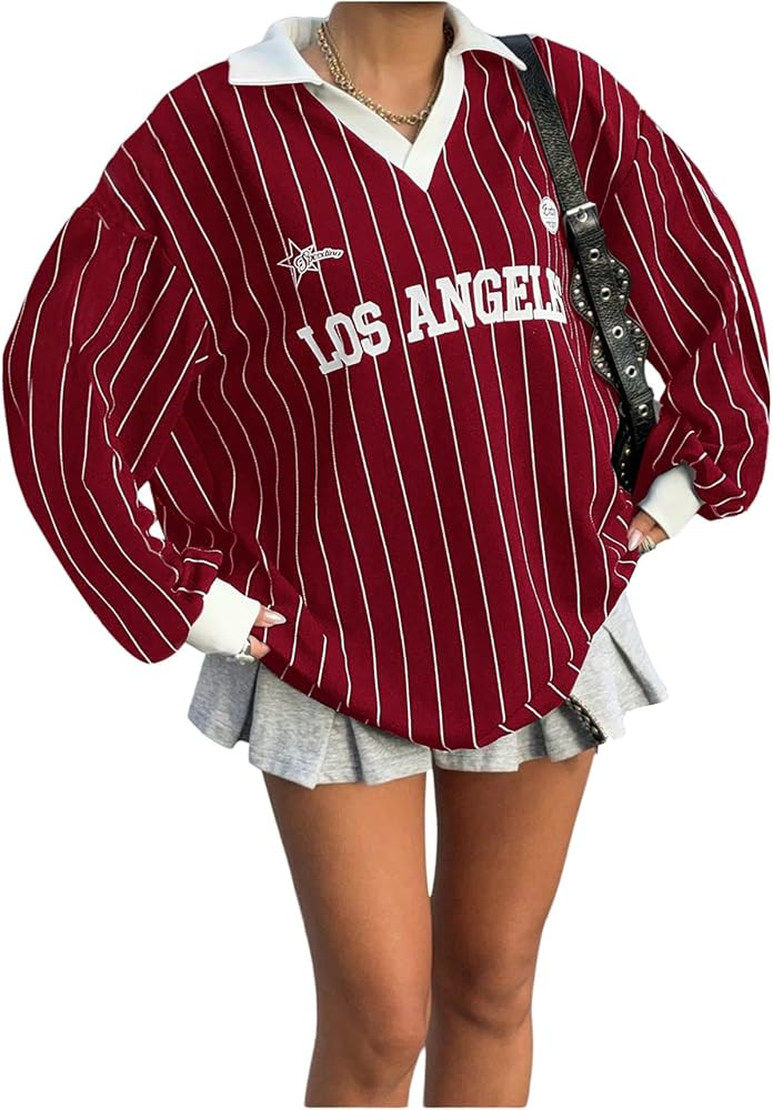 SOLY HUX Women's Oversized Tees Striped Letter Print Y2k Jersey T Shirt Collar V Neck Long Sleeve... | Amazon (US)