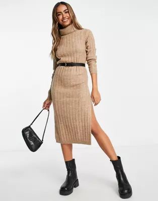 ASOS DESIGN knitted midi dress with roll neck in taupe | ASOS (Global)