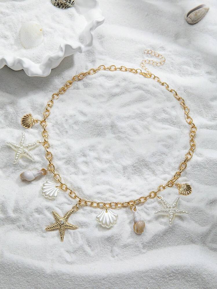 1pc Metal Alloy 18K Gold Plated Sea Star & Shell Pendant Necklace, Suitable For Daily & Vacation Wear | SHEIN