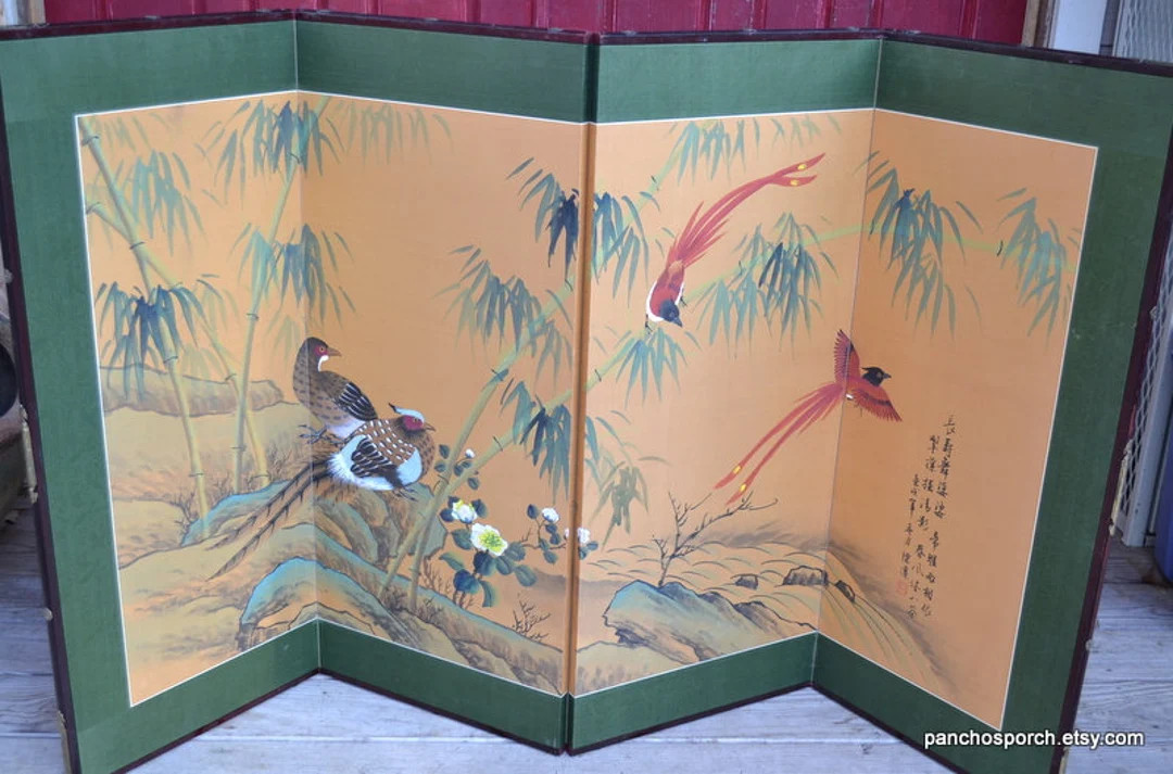 Vintage Asian Folding Screen Hand Painted Bird Design Signed 60 x 35 Silk Painting Room Divider C... | Etsy (US)