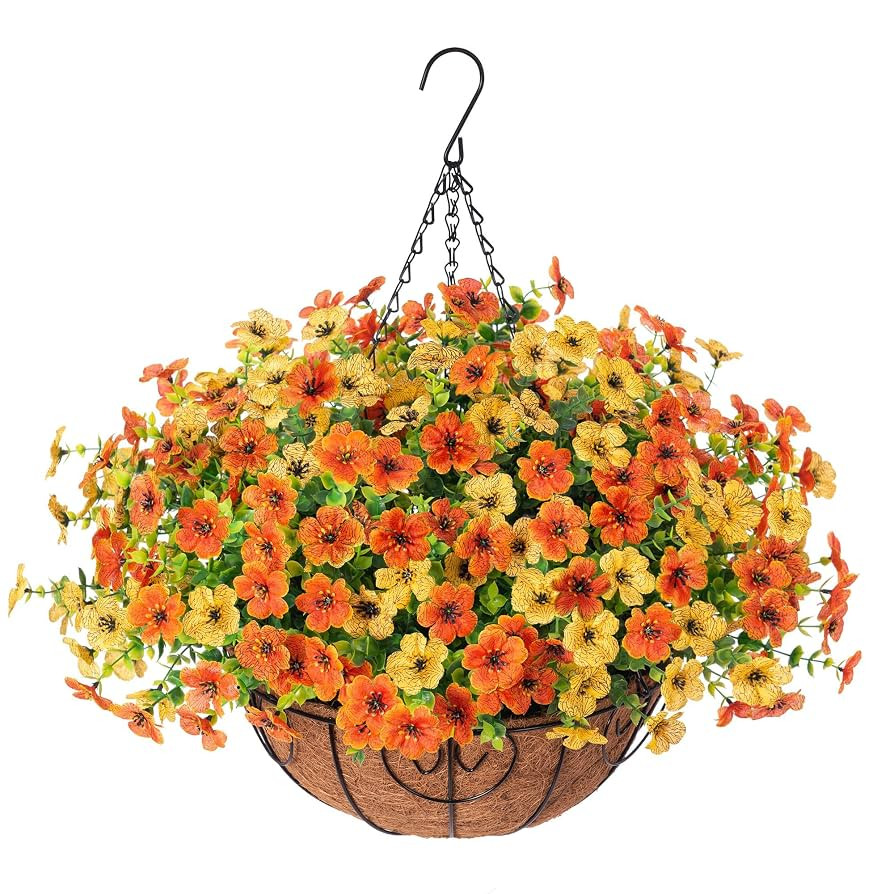 Artificial Fake Hanging Mums Plants Flowers Basket for Fall Autumn Outdoor Decor, Faux Silk Orang... | Amazon (US)