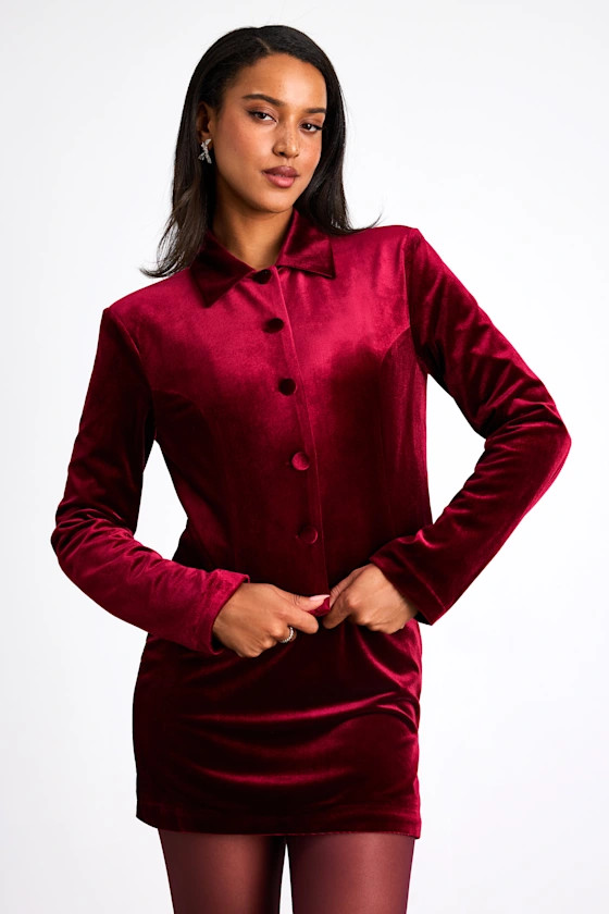 Bettany Dark Red Velvet Button-Front Collared Jacket | Lulus