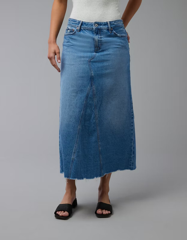 AE Low-Rise A-Line Denim Maxi Skirt | American Eagle Outfitters (US & CA)