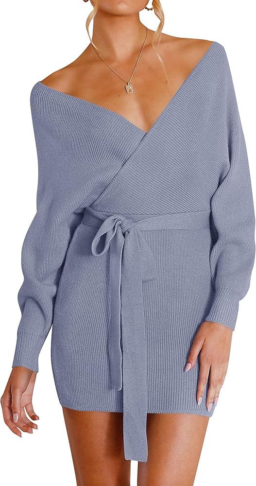 ZESICA Women's Long Batwing Sleeve Wrap V Neck Knitted Backless Bodycon Pullover Sweater Dress wi... | Amazon (US)