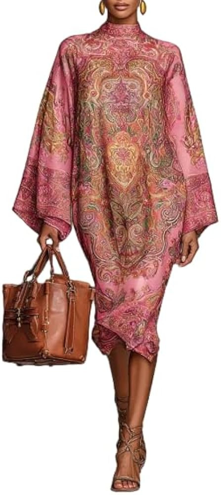 OSCORP Women’s Turtleneck Maxi Dresses with Paisley Abstract Ethnic Geometric Prints Bell Sleev... | Amazon (US)