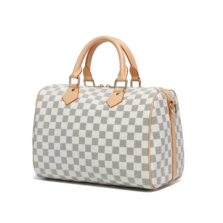 TWENTY FOUR Womens Checkered Tote Shoulder Bag with inner pouch - PU Vegan  Leather Shoulder Satchel Fashion Bags -Cream checkered 