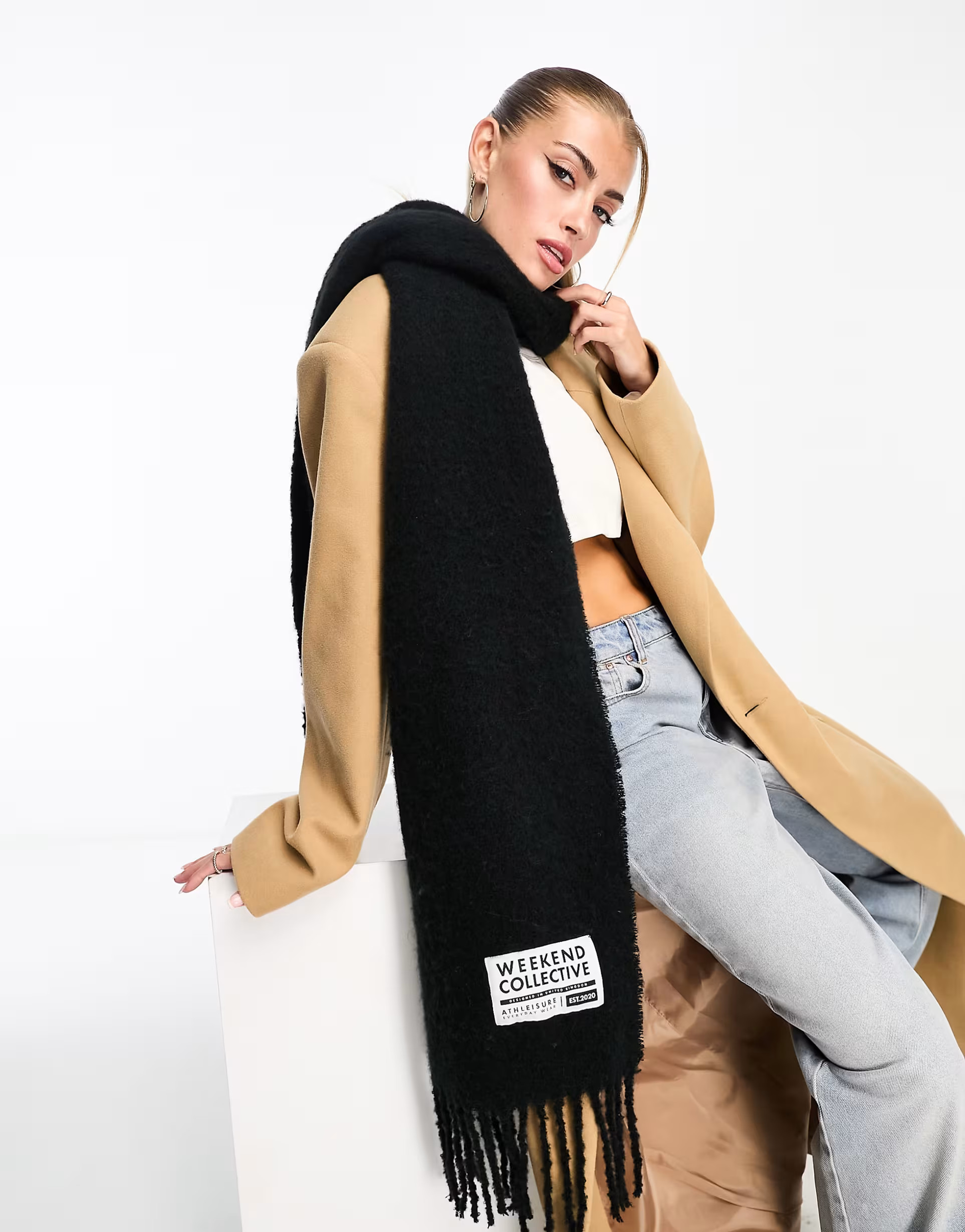 ASOS Weekend Collective fluffy blanket scarf with woven label | ASOS (Global)