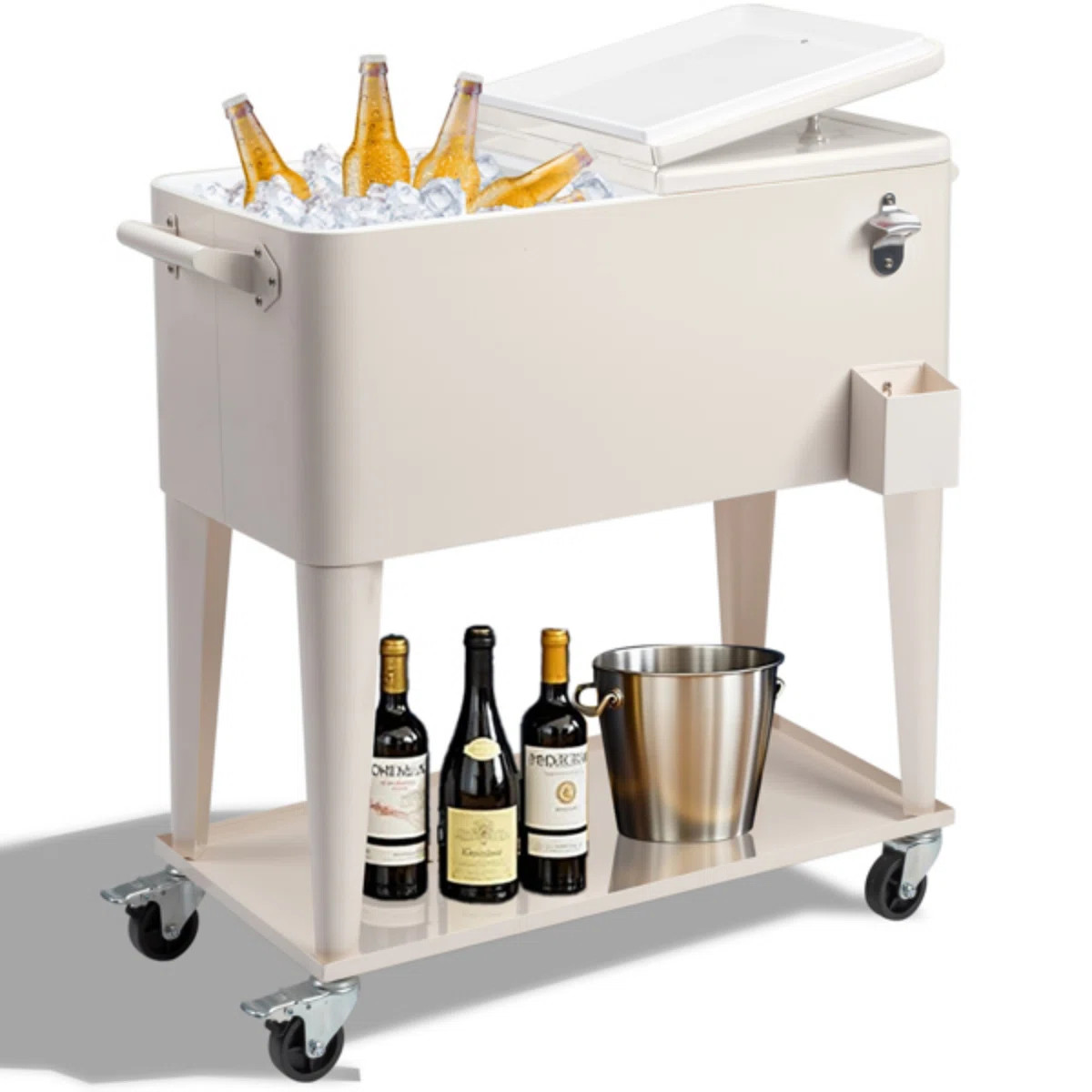 Cream 3-In-1 Outdoor Ice Chest Cart With Bottle Opener & Storage Shelf - Portable Party Cooler Tr... | Wayfair North America