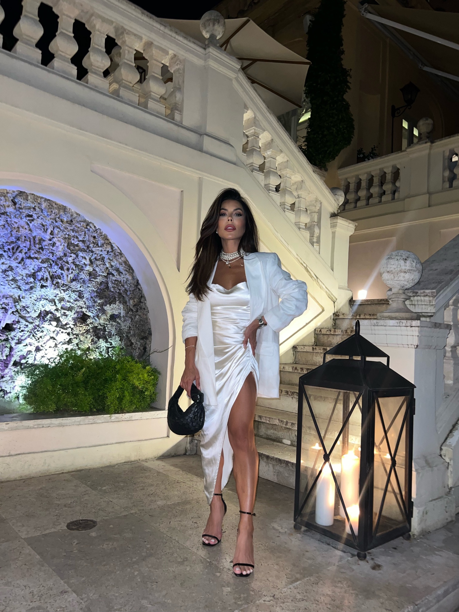 Holiday outfit inspo, satin dress, silk dress, cowl neck dress, cream satin, white dress, linen blazer, oversized blazer, black heel, heeled sandals, straw bag, bottaga bag, club l London, H&M

#LTKSeasonal #LTKeurope #LTKfit
