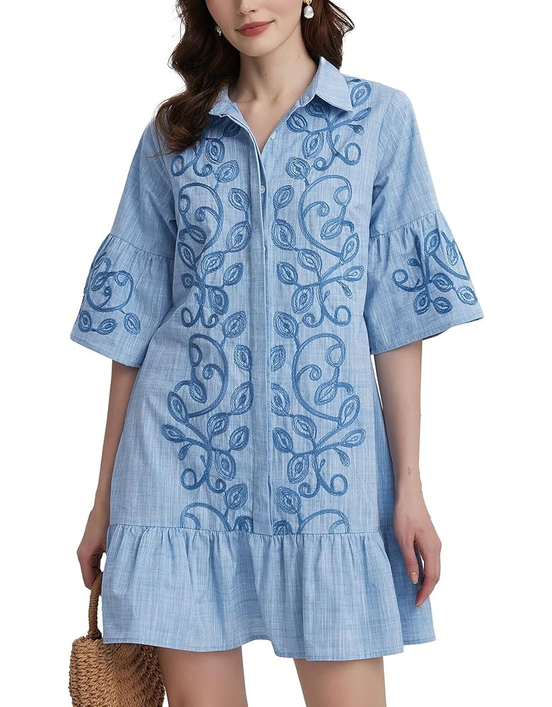 Kedera Women's Summer Button Down Shirt Embroidered Dress Ruffle Sleeve Shift Mini Dresses with P... | Amazon (US)
