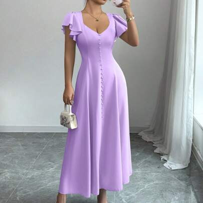 2025 New Spring Summer Blue Cap Sleeve French Niche Design Sweetheart Neck Slim Fit Holiday Long Dress | SHEIN