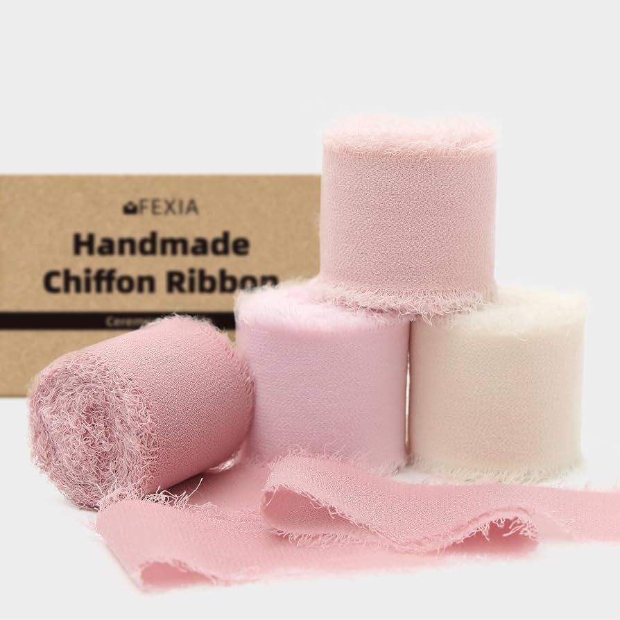 4 Rolls Pink Chiffon Ribbon 1.5" X 6.5Yd Pink & Cream Fringe Chiffon Wedding Silk Handmade Ribbon... | Amazon (US)