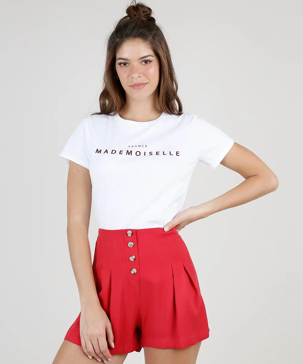Blusa Feminina "France Mademoiselle" Manga Curta Decote Redondo Branca | C&A (BR)