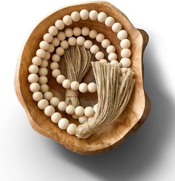 Wooden Bowl , Handmade Wooden Bowls with Wood Bead Garland , Natural Wood Bowl , Fruit Bowl , Key... | Amazon (US)