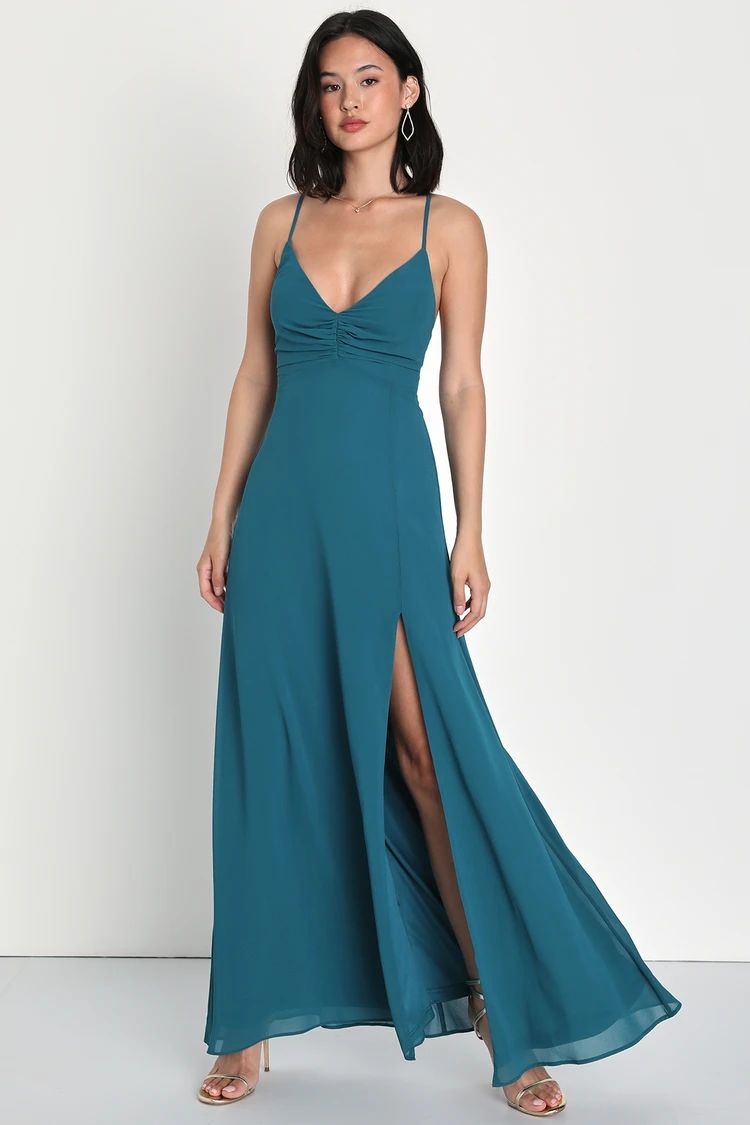 Immaculate Impression Dark Teal Ruched Lace-Up Maxi Dress | Lulus