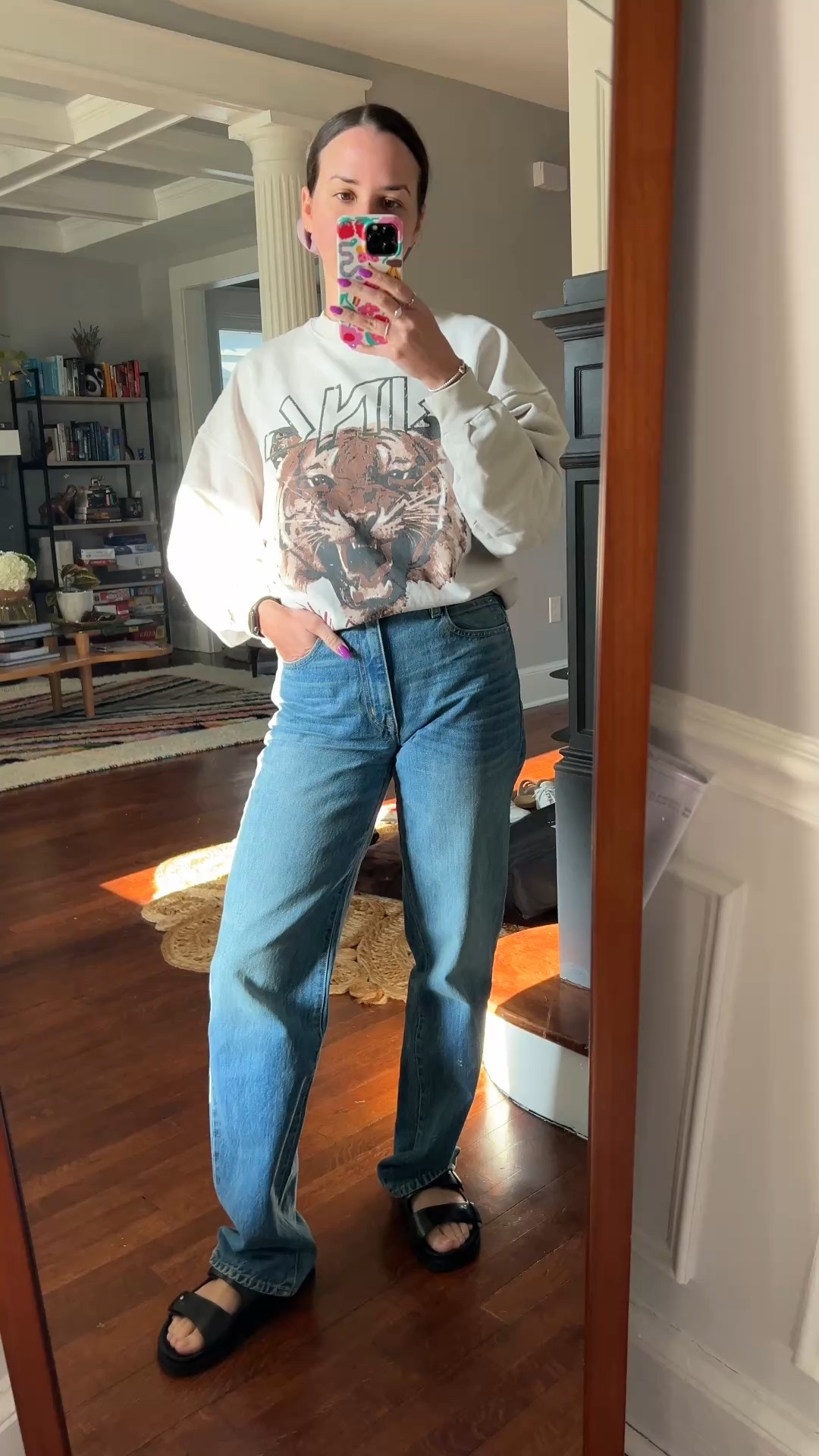 Casual outfit. Outfit. Style. Anine Bing sweatshirt. Jeans. Denim. Slvrlake. Jenni Kayne. Leather sandals. 

#LTKSaleAlert #LTKWatchNow #LTKStyleTip