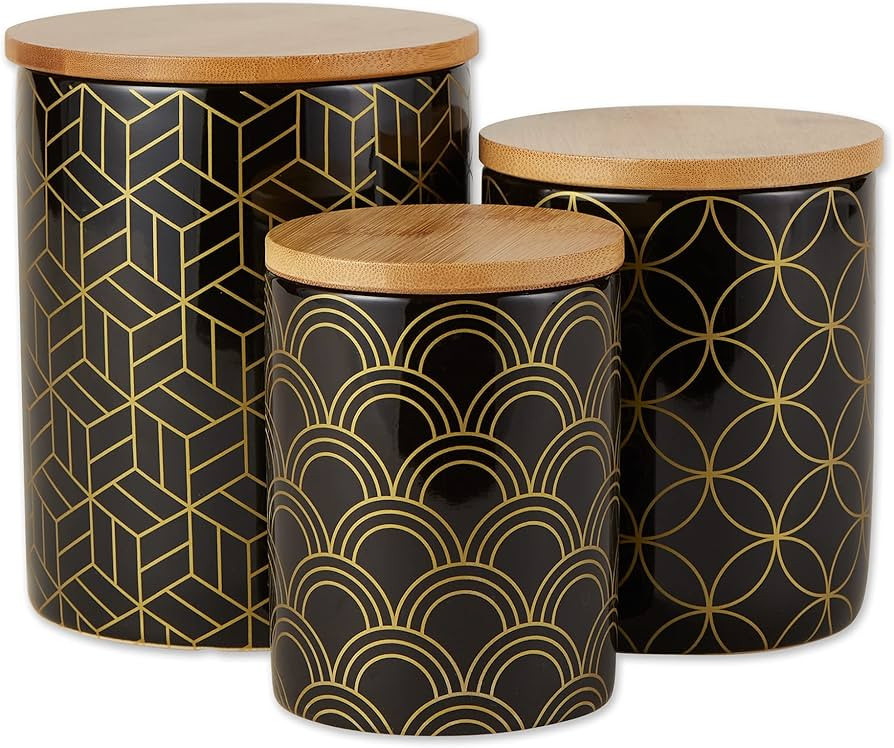 DII Kitchen Ceramics Collection, Canister Set, Mixed Print, Black/Gold, 3 Piece | Amazon (US)