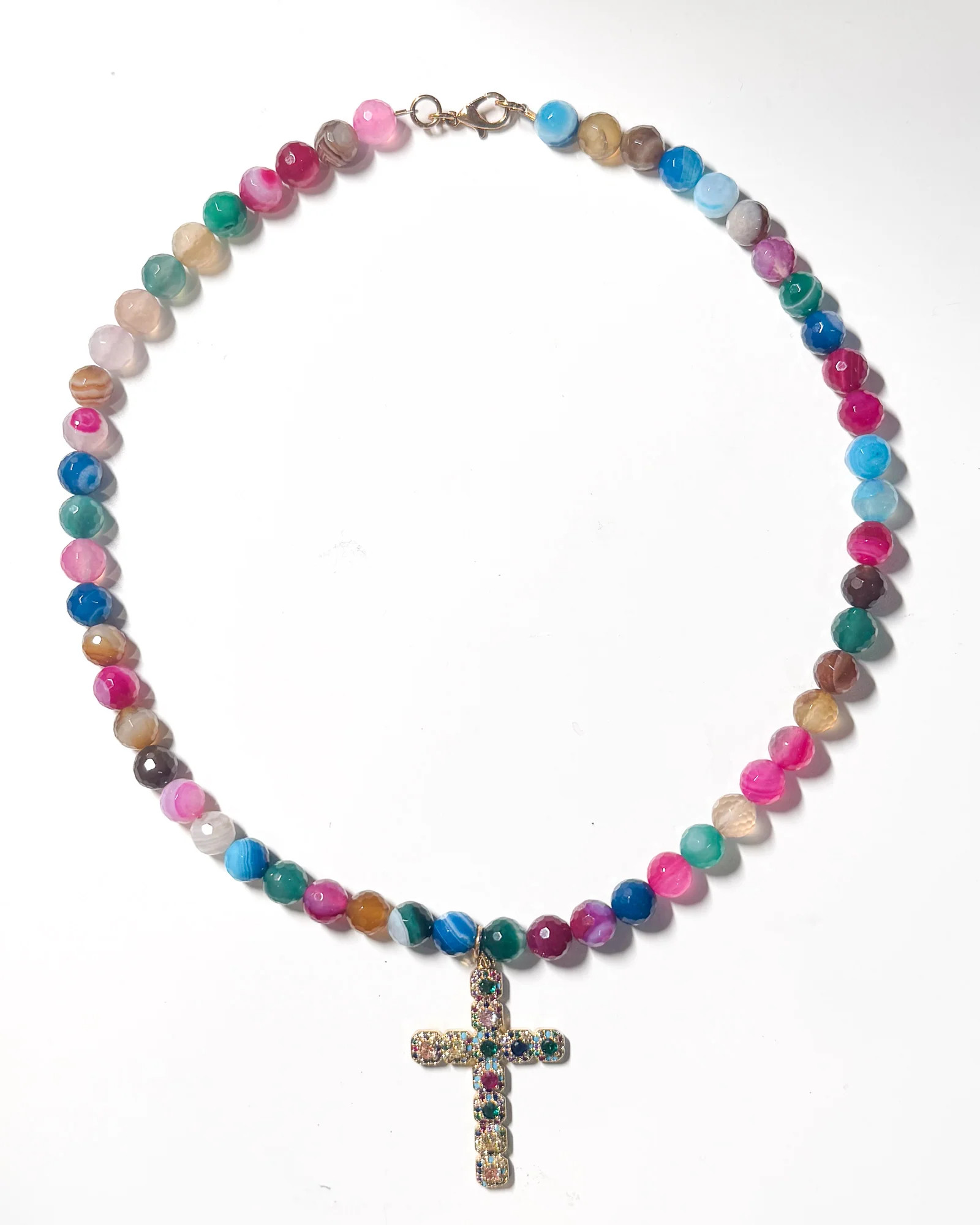 Gemstone Multi colored Cross Necklace on 8mm Beads | Care Tucker