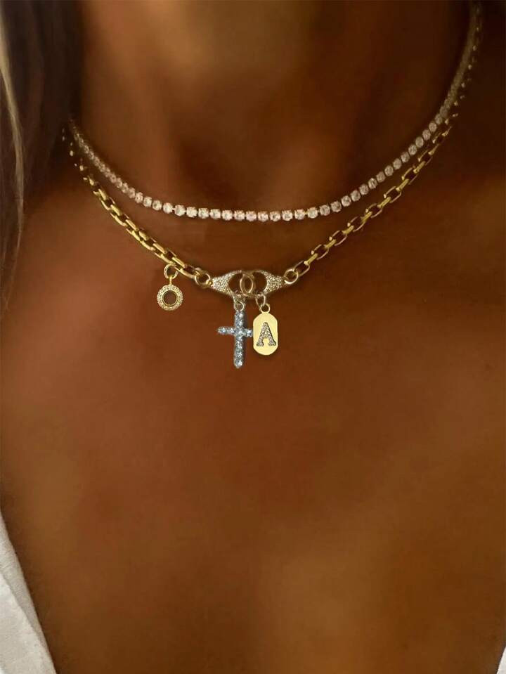 STYLEVER 1 PC Gold Double Buckle A-Z Initial Letter Necklace, 26 Letter Necklace, Diamond Studded... | SHEIN