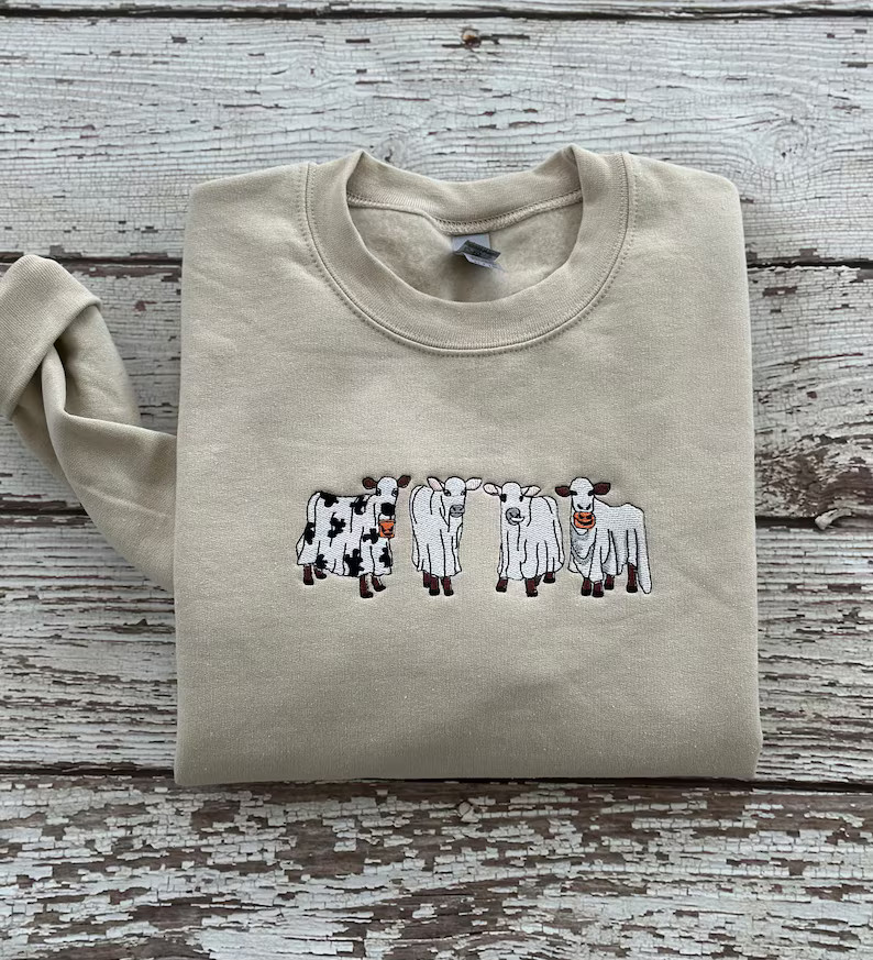 Embroidered Ghost Cows Sweatshirt Halloween Cows Sweatshirt Crewneck Spooky Season Fall Sweatshir... | Etsy (US)