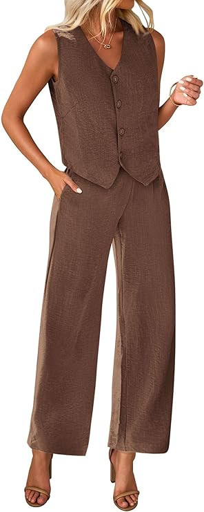 KIRUNDO Womens Two Piece Outfits Summer Fashion Button V Neck Crop Vest Blazer and Wide Leg Pants... | Amazon (US)