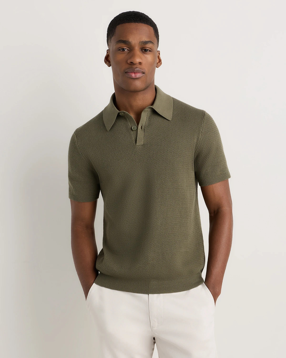 Quince | Men's Mesh-Stitch Sweater Polo in Bayberry Olive, Size XXL, Organic Cotton | Quince