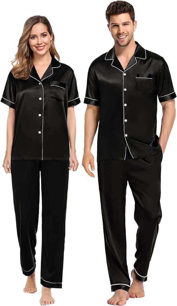 SWOMOG Couples Matching Pajamas Sets Silk Satin Short Sleeve Sleepwear Button Down Loungewear Pjs... | Amazon (US)