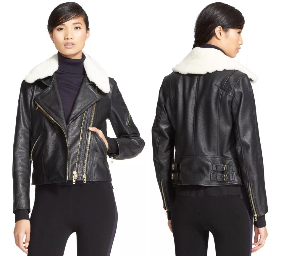 Rag & Bone Minerva Shearling Collar Pebbled Leather Moto Jacket Black sz 0 $1695 | eBay US