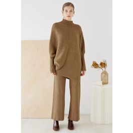 Asymmetric Batwing Sleeve Sweater and Pants Knit Set in Caramel | Chicwish