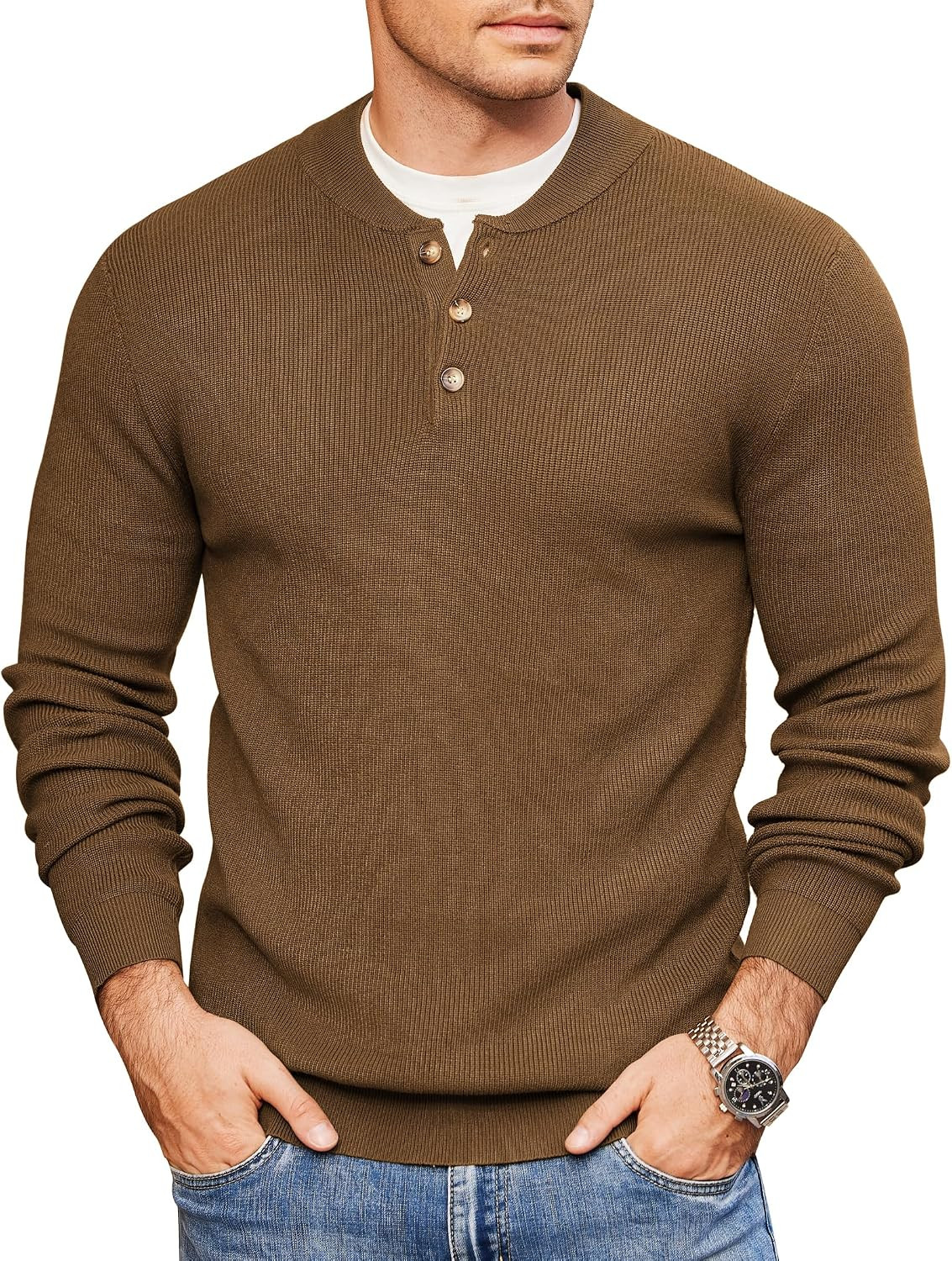 COOFANDY Men Henley Knit Sweater Dress Long Sleeve Button Pullover Sweater Casual Sweater Lightweight Slim Fit Tops | Amazon (US)