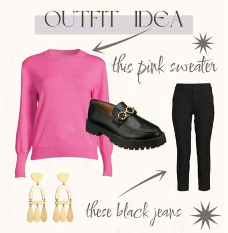 Simple and classic outfit for fall with this bright pink sweater, black crop pants, loafers and these pretty gold earrings.￼

#LTKunder50 #LTKstyletip