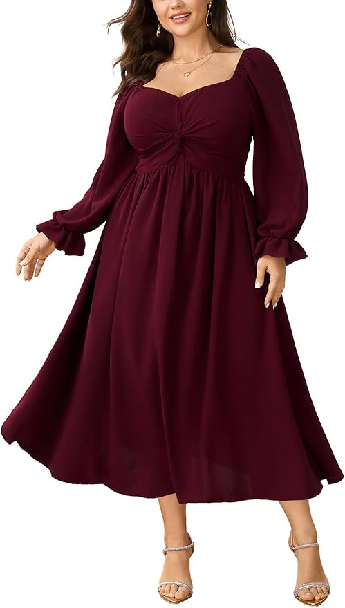 SCOMCHIC Women's Plus Size Wedding Guest Cocktail Dresses Fall Sweetheart Neckline Long Sleeve A ... | Amazon (US)