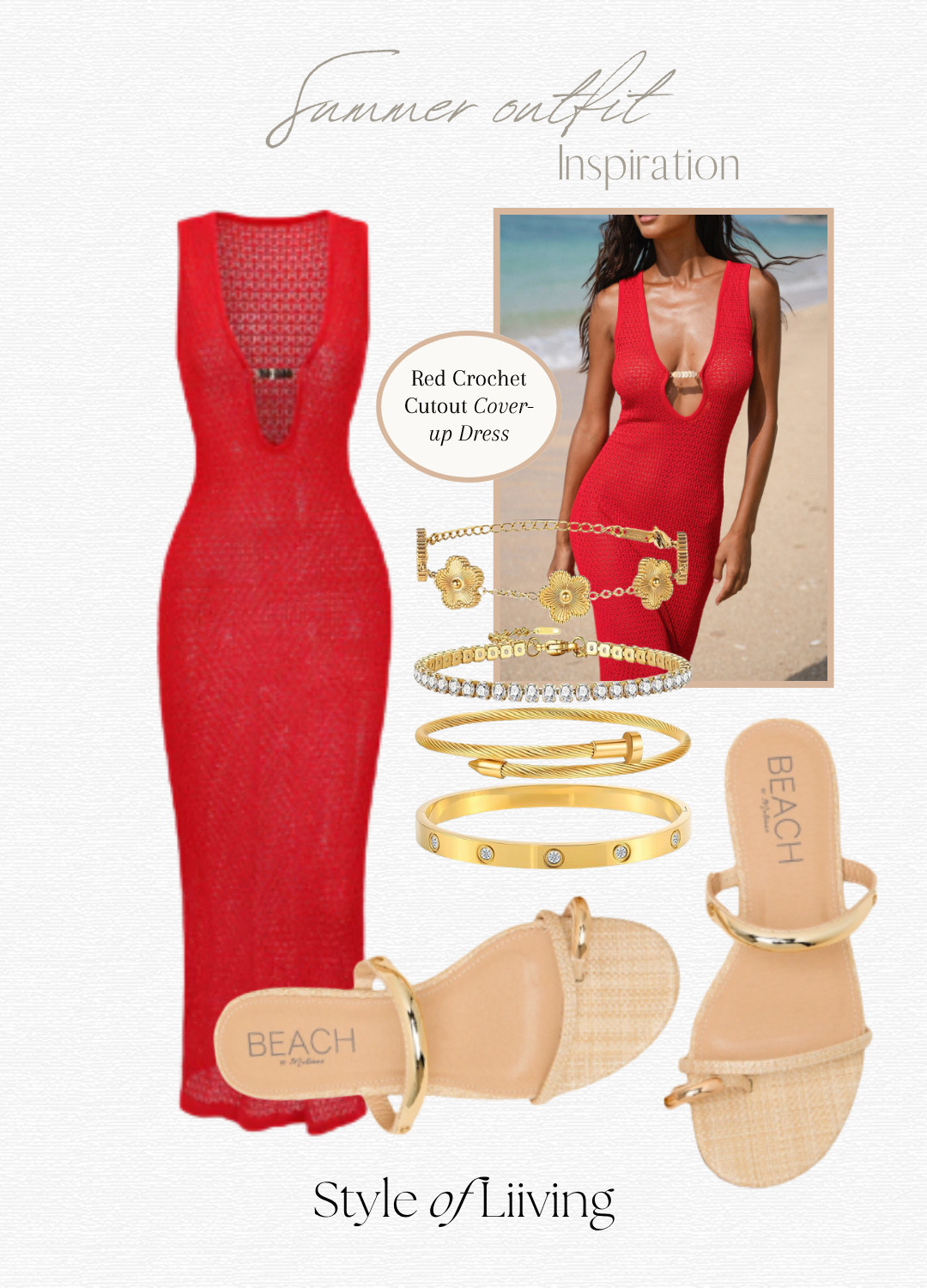 Summer outfit inspiration! Red Crochet Cutout Cover-up Dress from Berlook. Vacay raffia natural slide sandals from Lulus. Gold bangle bracelets from Amazon! #summeroutfits #vacationoutfitsbeach #swimwear #summerdresses #berlook #lulus #sandals #coverup @Lulus

#LTKSeasonal #LTKSwim #LTKTravel