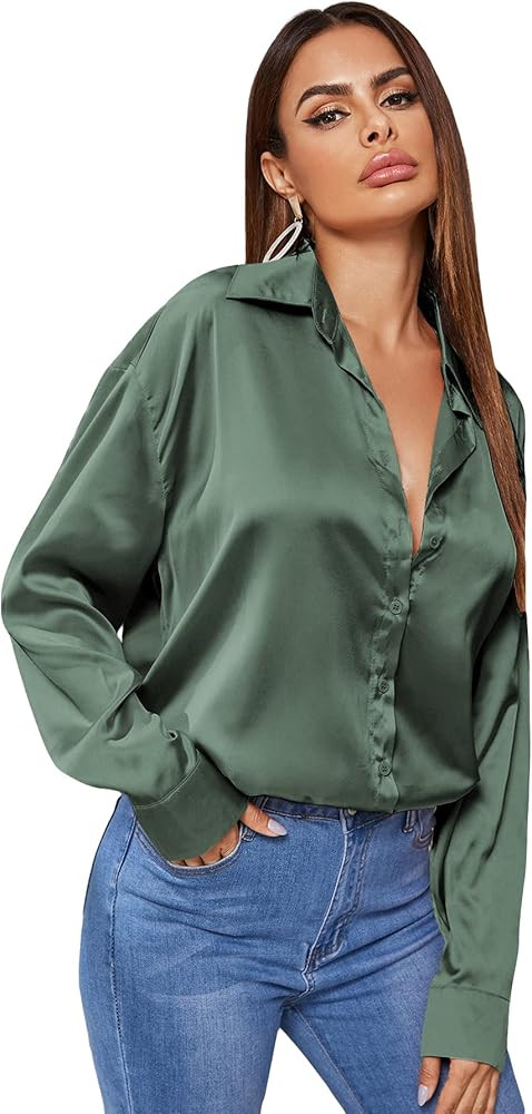 SOLY HUX Women's Satin Silk Long Sleeve Button Down Shirt Formal Work Blouse Top | Amazon (US)