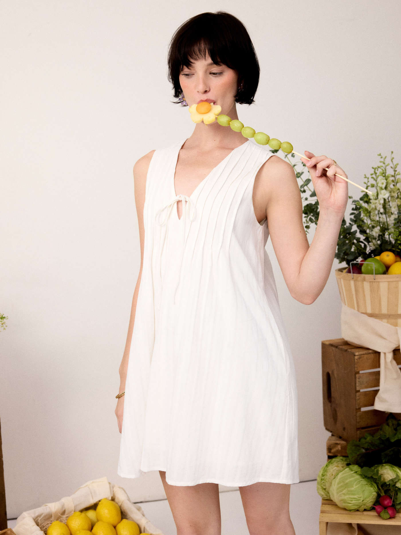 Cotton-blend Textured V-Neck Tie Front Mini Dress | Cider