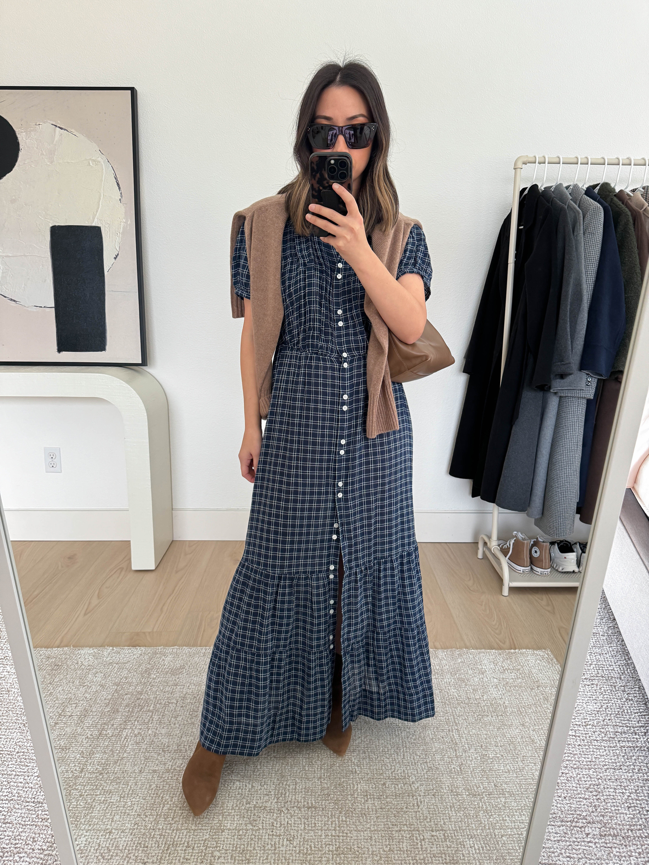 Thanksgiving outfit ideas. Fall outfit ideas. Dress is old Doen, but linked their new plaid dress options. 

Doen dress xs
Everlane sweater xs
Loeffer Randall boots 36
Mansur Gavriel bag (old)
Celine sunglasses

#LTKShoeCrush #LTKHoliday #LTKSeasonal