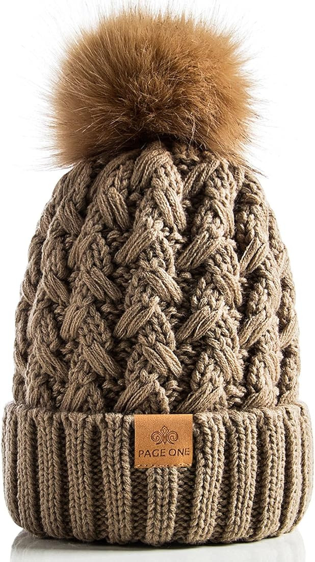PAGE ONE Womens Winter Ribbed Beanie Crossed Cap Chunky Cable Knit Pompom Soft Warm Hat | Amazon (US)