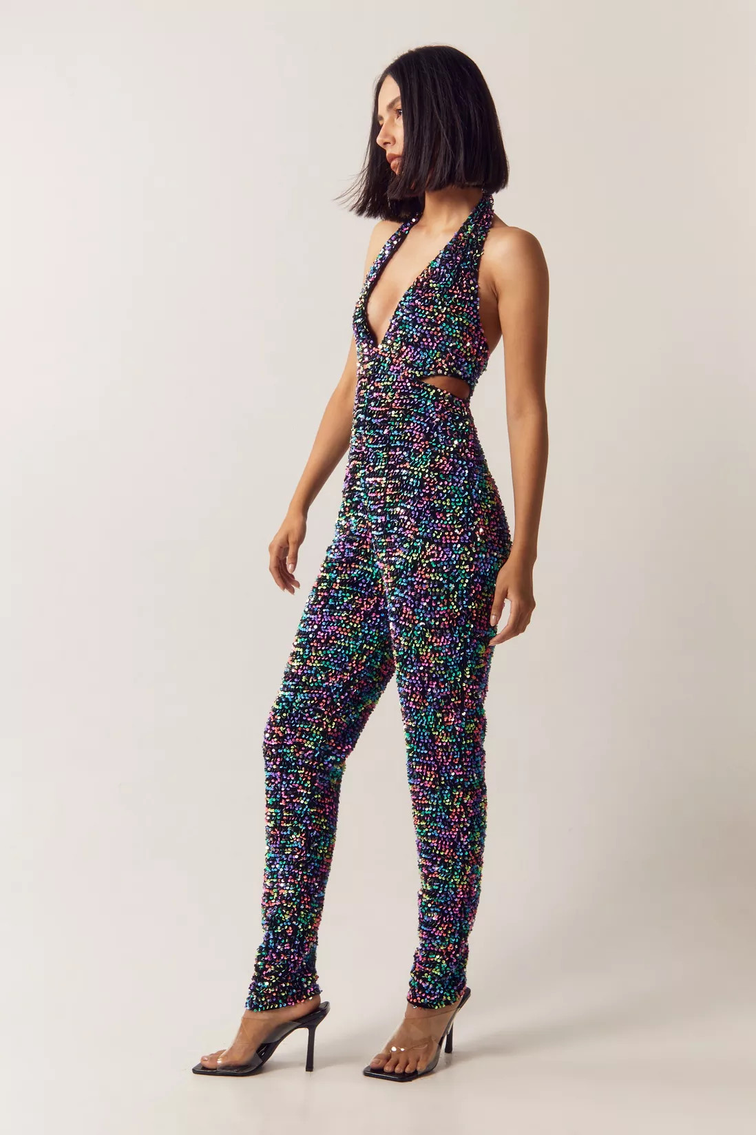 Jumpsuits | Neon Sequin Velvet Cut Out Halter Neck Jumpsuit | NastyGal | Debenhams UK