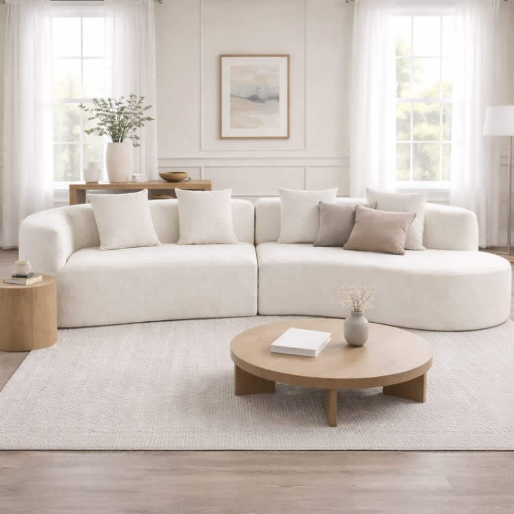 Coolbibila 125 Inch Living Spaces Cloud Couch Sectional Compression Sofa Curved Chaise Lounge Sofa With 3 Pillows Large Sectional Couch Beige in White | Lowe's