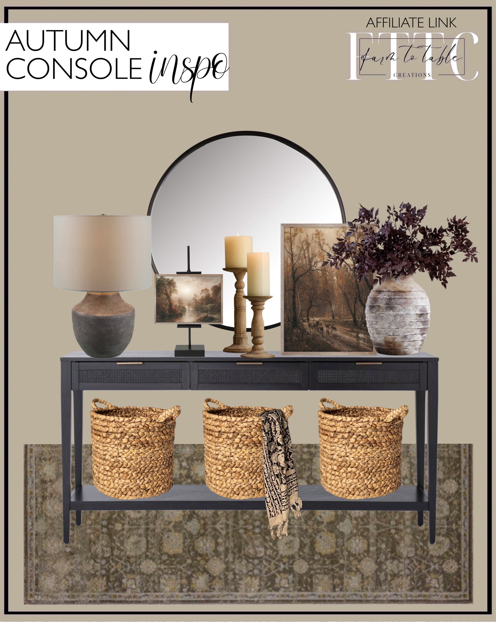 Late Summer Early Fall Console Table. Follow @farmtotablecreations on Instagram for more inspiration.

I recommend using 20x28 size print paired up with the 7x10 for the easel. 

East Bluff Woven Drawer Console Table - Threshold designed with Studio McGee. Round Wall Mirror. Moody Dark Tone Abstract Canvas Printed Sign. Artisan Handcrafted Terracotta Vase. Magnolia Home by Joanna Gaines x Loloi Mona Bark / Natural Area Rug. 18" Black Steel Adjustable Tabletop Easel. Callem Resin Table Lamp. 13.5" x 14.5" Woven Decorative Basket - Threshold. Autumn digital art. Kadence Turned Wood Pillar Holder. Faux Oak Branch With Acorns. Boucle Knit Throw. 

Entryway | Loloi Rugs | Joanna Gaines Rug | console table | console table styling | faux stems | entryway space | home decor finds | neutral decor | entryway decor | cozy home | affordable decor |  | home decor | home inspiration | moody stems | summer console | spring vignette | spring decor | summer decorations | console styling | entryway rug | cozy moody home | moody decor | neutral home | framed artwork



#LTKHome #LTKFindsUnder50 #LTKSaleAlert