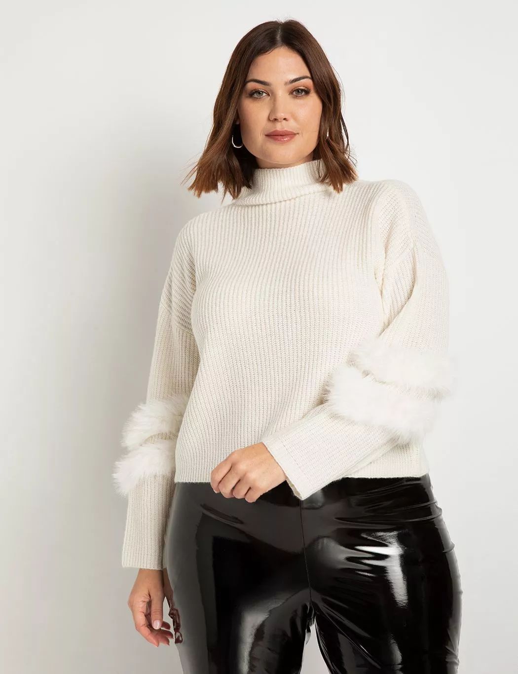 Mock Neck Cropped Sweater With Fur Detail | Eloquii