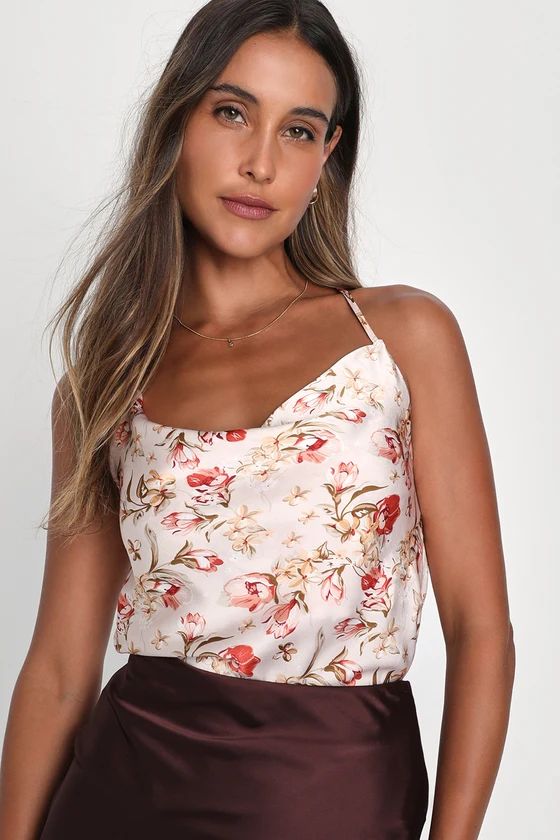 Pretty Remarkable Blush Pink Floral Satin Cowl Neck Cami Top | Lulus
